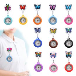 Charms Colored Butterfly 28 Clip Pocket Watches Quartz analogique Revers suspendu pour femmes infirmières SILE avec seconde main sur Easy To Rea OT7SV