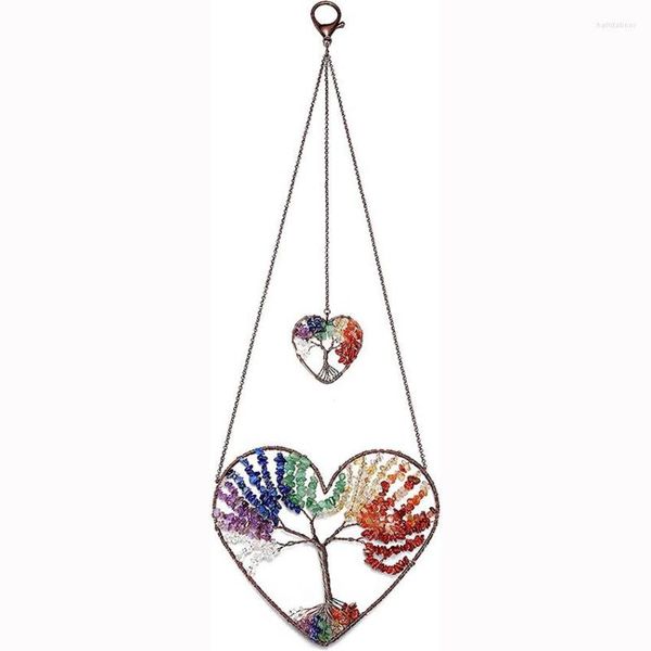 Charmes Double Coeur Arbre De Vie Ornement Suspendu 7 Chakra Reiki Cristaux De Guérison Méditation Fenêtre Mur Cintre Pour Feng Shui Maison