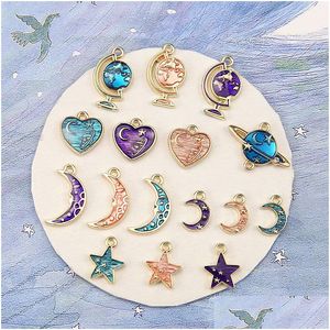 Charms Est 50pcs / lot alliage d'émail scintillant mode boule de terre coeur lune forme d'étoile ton or goutte d'huile mini pendentifs livraison Dhgarden Dhxsg