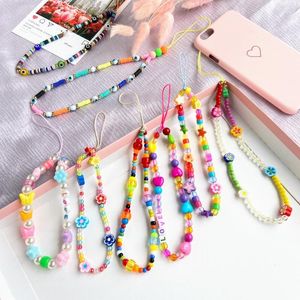 Charms etnische stijl gekleurde zachte keramische telefoon lanyard kawaii fruitbloem hart ster kralen polsband mobiele ketting