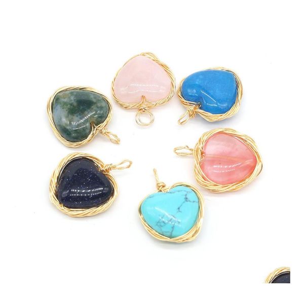 Charms Mode Pierre Naturelle Wrap Coeur Rose Quartz Lapis Lazi Turquoise Opale Pendentif Diy Pour Bracelet Collier Boucles D'oreilles Bijoux Mak Dhvnn