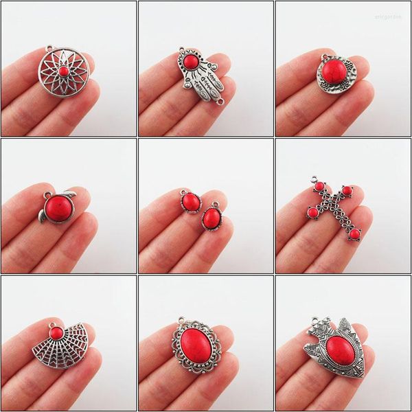Charms Fashion Retro Antique Silver Color Flower Fans Animal Palm Shield Red Turquoise Stone Pendentifs