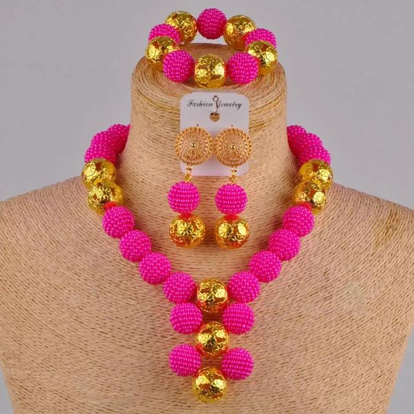 Collier de Costume rose Fuchsia, ensemble de bijoux africains, perles simulées, perles de mariage nigérianes, Fzz30