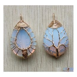 Breloques couleur or Opalite opale fil enroulé à la main arbre de vie pendentifs en pierre naturelle collier à faire soi-même fabrication de bijoux livraison directe trouver Dh4Wy