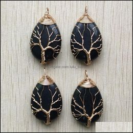 Charms Gold Color Wrap enveloppe à la main arbre de vie de la vie en forme d'obsidienne naturelle pendentifs de pierre bricolage bijoux de fabrication