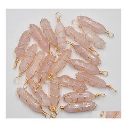 Charms Gold Copper Wire Natural Stone Rose Quartz Amethyst Hexagonal Healing Reiki Point Pendants pour les bijoux Makin MJFashion Drop Dhr0f