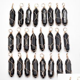 Charms Gold Wire Natural Stone Black Rose Quartz Amethyst Hexagonal Healing Reiki Point Turquoise Hangers voor sieraden Makin Dhgarden Dh82J