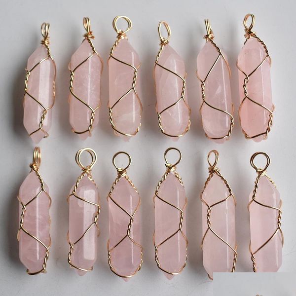 Charms Gold Wire Natural Stone Rose Quartz Amethyst Hexagonal Healing Reiki Point Pendentids for Bijoux Making Drop Liviling Résultats DHZU7