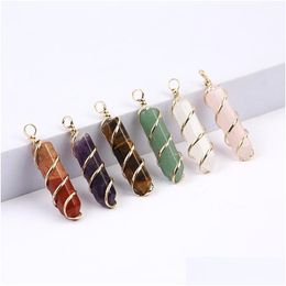 Charms Gold Wire Wrap Natural Stone Green Pillar Shape Chakra Hangers voor sieraden maken Groothandel handgemaakte ambacht BK Drop D Dhgarden DH163