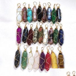 Charms Gold Wire Wrap Natural Stone Rose Quartz Gemengde pilaarvorm Point Chakra Hangers voor sieraden maken Groothandel Handma Dhgarden Dhude