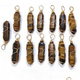 Charms Gold Wire Wrap Natural Stone Tiger Eye Pillar Form Point Chakra Pendanten voor sieraden maken Groothandel handgemaakte ambacht Dhgarden DHVQW