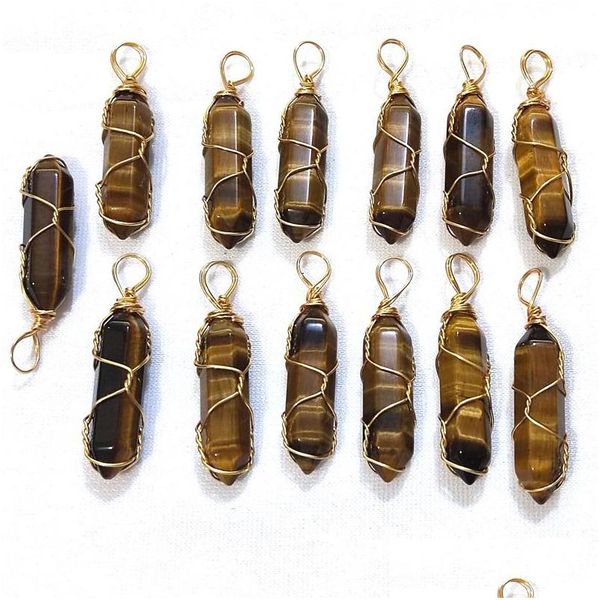 Charms Gold Wire Wrap Pierre Naturelle Tiger Eye Pilier Forme Point Chakra Pendentifs Pour La Fabrication De Bijoux En Gros Artisanat À La Main Dhgarden Dhvqw