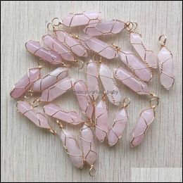 Charms Gold Wire Wrapped Rose Quartz Hexagon Pendum Charms Pendant Healing Pink Crystal Stone Hangende mode sieraden makin lulubaby dhrtm