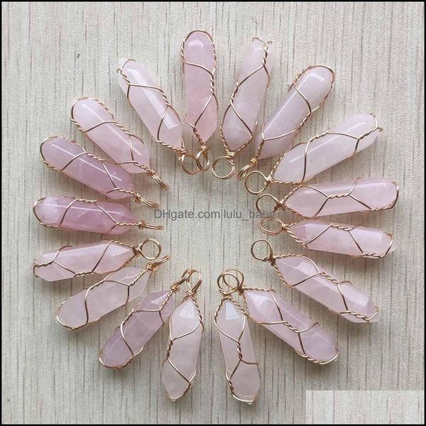 Charmes Fil d'or enveloppé Rose Quartz Hexagone Pendum Pendentif Guérison Rose Cristal Pierre Tentures Bijoux De Mode Fabrication En Gros Dro Dhstw