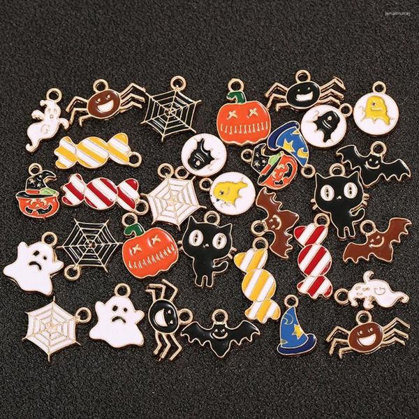 Dijes de Halloween fantasma cráneo esmalte aleación gota de aceite pintura colgantes mujeres DIY joyería hacer pendientes accesorio mezclar al azar 30 Uds