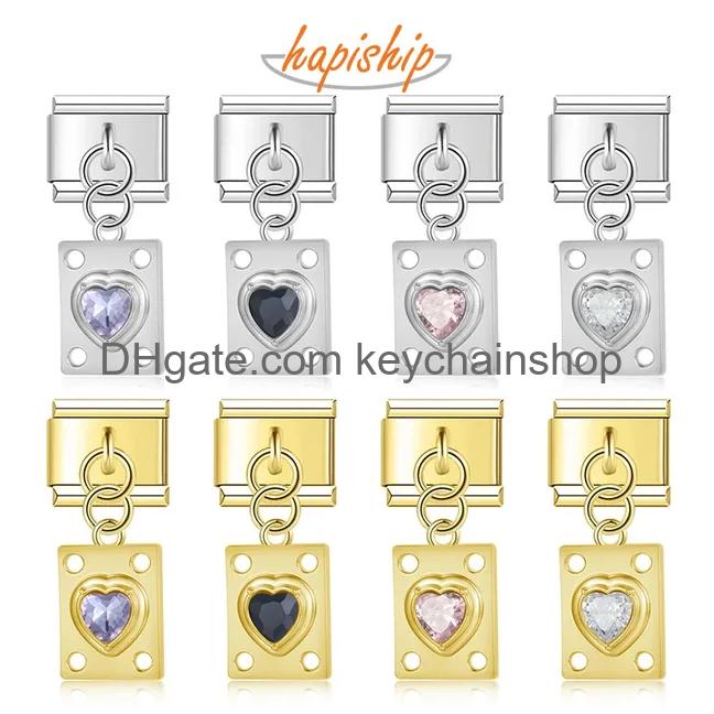 チャームhapiship 2024 New Fashion Rech Heart CZ Italian Charm Links Fit 9mmステンレス鋼ブレスレットファインジュエリーDIY DIY DJ1037 DROP OTBK6