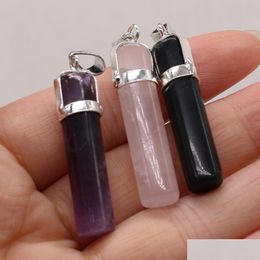 Encantos Curación Cilindro Pilar Amatista rosa Ágata negra Piedra Cuarzo rosa Colgante de cristal Diy Collar Mujer Moda Jewelr Dhgarden Dhdpq