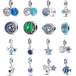 Bijoux à breloques 925, accessoires de perles breloque, pendentif en perles de verre bleues, série océan