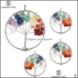 Charms Jewelry Findings Components 7 Chakra Stone Tree Of Life Colgantes envueltos en alambre hechos a mano para la moda Colorf Charm Jew Dh8Wv