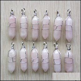 Charms Bijoux Résultats Composants Assortiment Pierre Naturelle Quartz Rose Fait Main Fil De Fer Pendentifs Point Hexagonal Pil Dhqom