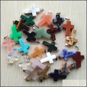 Charms Sieraden Bevindingen Componenten Groothandel 50 SPKS / Partij Mode Verkoop Natuursteensteen Gemengde Kleur Assort Cross Hangers Bedden Fit K