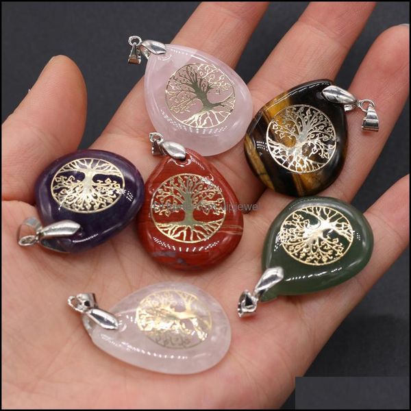 Charms Bijoux Composants Composants Pierre Naturelle Arbre De Vie Pendentif Violet Cristal Rose Oeil De Tigre Goutte D'eau Shap Dhjzh