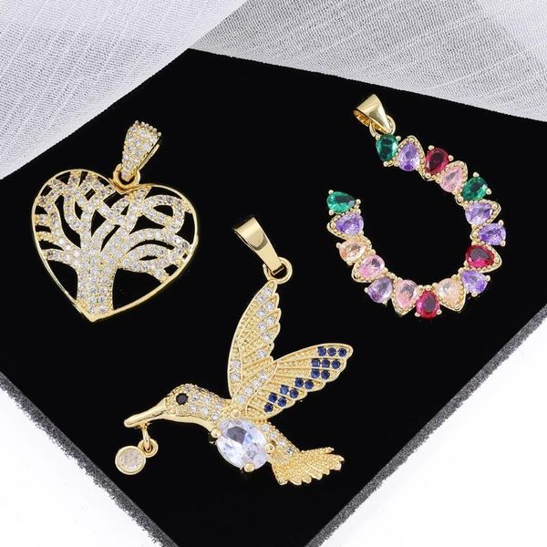 Charms Juya fait à la main 18K véritable plaqué or cuivre pavé CZ amour coeur arbre de vie Kingfisher oiseaux fer à cheval pendentif fournitures