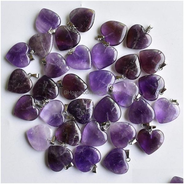 Charms Love Heart Stone Beads Colgantes 20Mm Venta al por mayor de amatistas naturales para hacer joyas Diy Mujeres Regalo Drop Delivery Hallazgos Comp Dhyqr