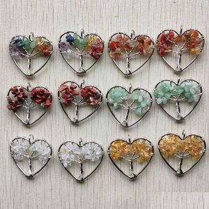 Charms Naturel Puce Pierre Arbre De Vie Cristal Agate Perles Coeur Pendentif À La Main Fil Couleur Enveloppé 30Mm Pour Bijoux Markin Dhgarden Dhi5A