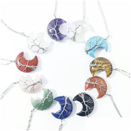 Bedels Natuurlijk Kristal Crescent Moon Stone Levensboom Hangers Rozen Kwarts Draad Gewikkeld Trendy Sieraden Maken Groothandel Drop Deli Dhyfc