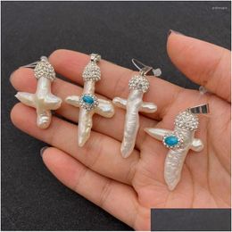Charms Natural Freshwater Pearl Pendant Kruis met blauwe dennenstenen steentjes voor doe -het -zelf ketting sieraden maker ontwerper Charm D DHVK7