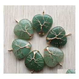 Charmes Naturel Vert Aventurine Pierre Arbre De Vie Fil D'or Enveloppé Amour Coeur Pendentifs Pour Collier Bijoux Marquage Mjfashion Drop Dhyxm