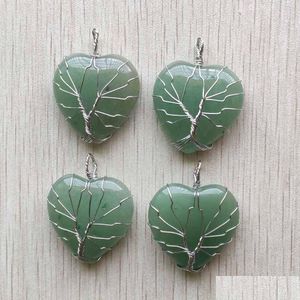 Charmes Naturel Vert Aventurine Pierre Arbre De Vie Sier Fil Enveloppé Amour Coeur Pendentifs Pour Collier Bijoux Marquage En Gros Goutte Dhny0