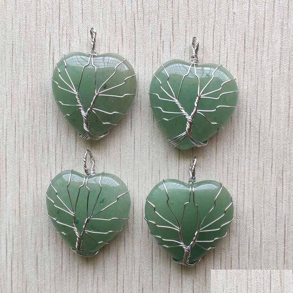 Charms Natural Green Aventurine Stone Tree Of Life Sier Wire Wrapped Love Heart Colgantes para collar Jewelry Marking Wholesale Drop Dhny0