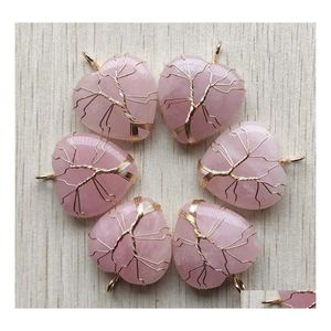 Breloques Roses naturelles Quartz pierre arbre de vie fil d'or enveloppé pendentifs coeur d'amour pour collier bijoux marquage Mjfashion Drop D Dhxq9