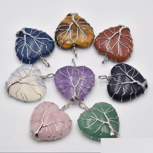 Charms Natural Stone Crystal Tree Heart Hangers Rozen Quartz Draad gewikkeld trendy sieraden maken groothandel druppel deli dhgarden dhem9