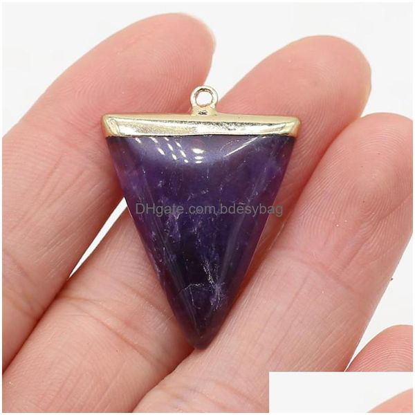 Charms Natural Stone Crystal Triangle Pendant Pendant Gold plaqu￩ Clear Quartz Amethyst pour faire des r￩sultats de bijoux de collier bricolage DRH0QH