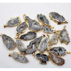 Charms Natural Stone Electro Plated Gold Color Slice Open Braziliaanse Agates Geode Druzys Hangers voor DIY ketting sieraden maken 5 stks