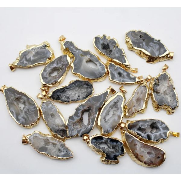 Charms Natural Stone Electro Plated Gold Color Slice Open Brésilien Agates Geode Druzy