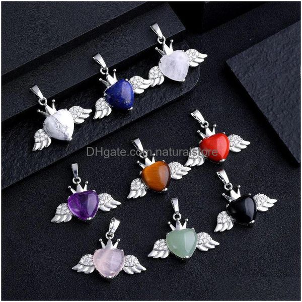 Charmes Pendentif aile de coeur en pierre naturelle pour femmes, Quartz Rose, améthyste, œil de tigre, bijoux à breloques, fabrication de colliers, vente en gros, livraison Dhxw1