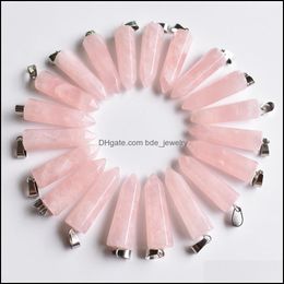 Charms Natural Stone Hexagonal Pillar Charms Pendum Rose Quartz Chakra Handgemaakte Sier Color Hangers voor sieraden maken W Dhseller2010 DHOP2