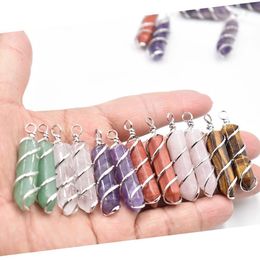 Charms Pendants en pierre naturelle gu￩rison Pendum Amethyst Rose Quartz Sier Gold Wire Hexagon Agate Onyx Reiki Crystal DIY Jewelr Dhgarden Dhsmk