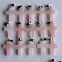 Encantos Piedra natural Rosa Cuarzo rosa Ópalo Tigres Ojo Turquesa Forma de cruz Blanco Negro Colgantes de cristal para accesorios de collar Jewe Otcy0