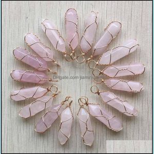 Encantos Piedra natural Cuarzo rosa Forma Punto Chakra Colgantes para la fabricación de joyas Venta al por mayor Envoltura de alambre de oro Hecho a mano Jiaminstore Drop D Dhi0Q