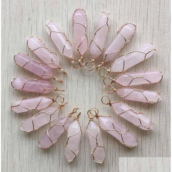 Charmes Pierre Naturelle Rose Quartz Forme Point Chakra Pendentifs Pour La Fabrication De Bijoux En Gros Fil D'or Enroulé À La Main Artisanat Drop Deliver Dhhm9