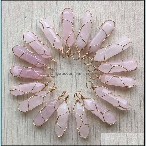 Charmes Pierre Naturelle Rose Quartz Forme Point Chakra Pendentifs Pour La Fabrication De Bijoux En Gros Fil D'or Enroulé À La Main Jiaminstore Drop D Dhi0Q