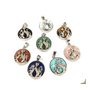 Charms Natural Stone Round Cute Kitten Geplaatste rozenkwarts hanger voor sieraden maken doe -het -zelf ketting armbandaccessoires drop leveren dhghi