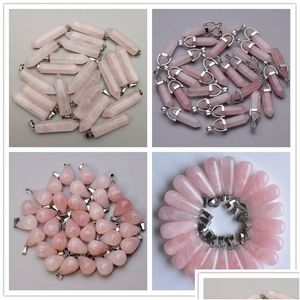 Bedels Natuursteen Waterdruppel Hexagonaal Prisma Roze Kwarts Helende Hangers Diy Necklae Sieraden Accessoires Maken Levering Vinden Dhxud