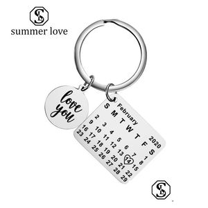 Charms Nieuwe gepersonaliseerde kalender Key Chain Roestvrij staal sleutelhanger gegraveerde datum paar ringen voor meisjesliefhebbers vriend Valentines da dh0dq