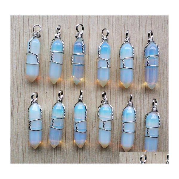 Charms Opal Stone Pilar de forma de forma Pendum Cachuelas de alambre de hierro Sier Color hecho